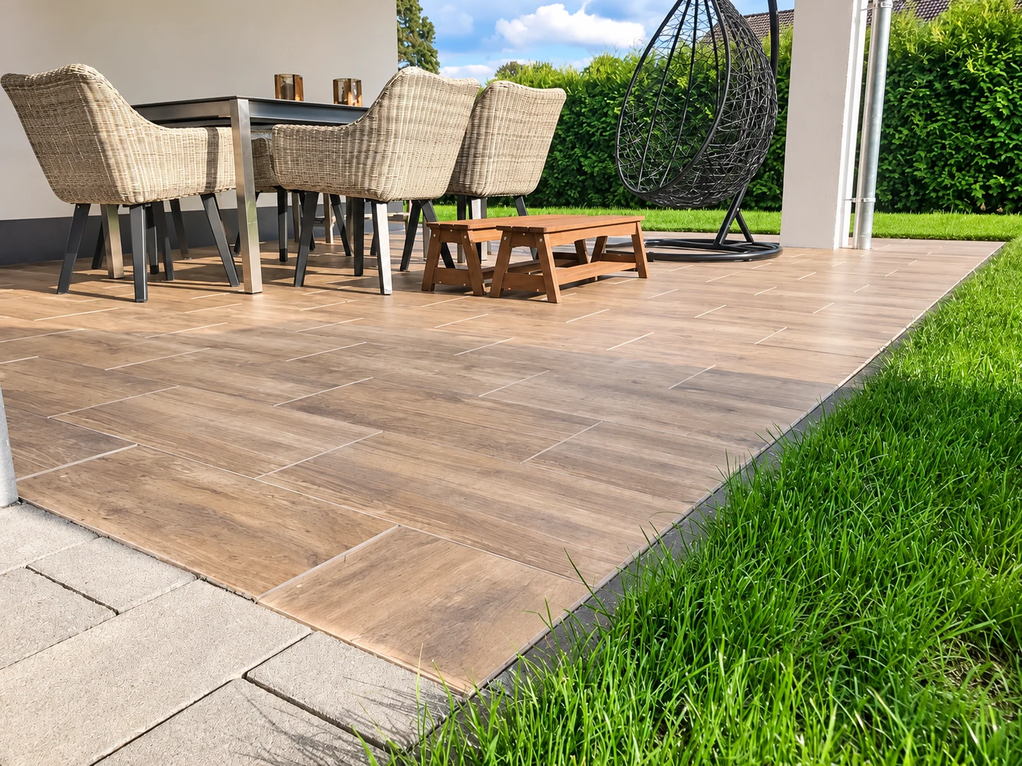 Terrasse mit großformatigen Platten in Holzoptik und angrenzendem Rasen